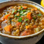 Close-up view of a bowl of high protein lentil soup, showcasing lentils and vegetables.