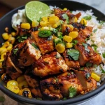 Close-up view of a vibrant High Protein Street Corn Chicken Bowl with juicy chicken and colorful toppings.