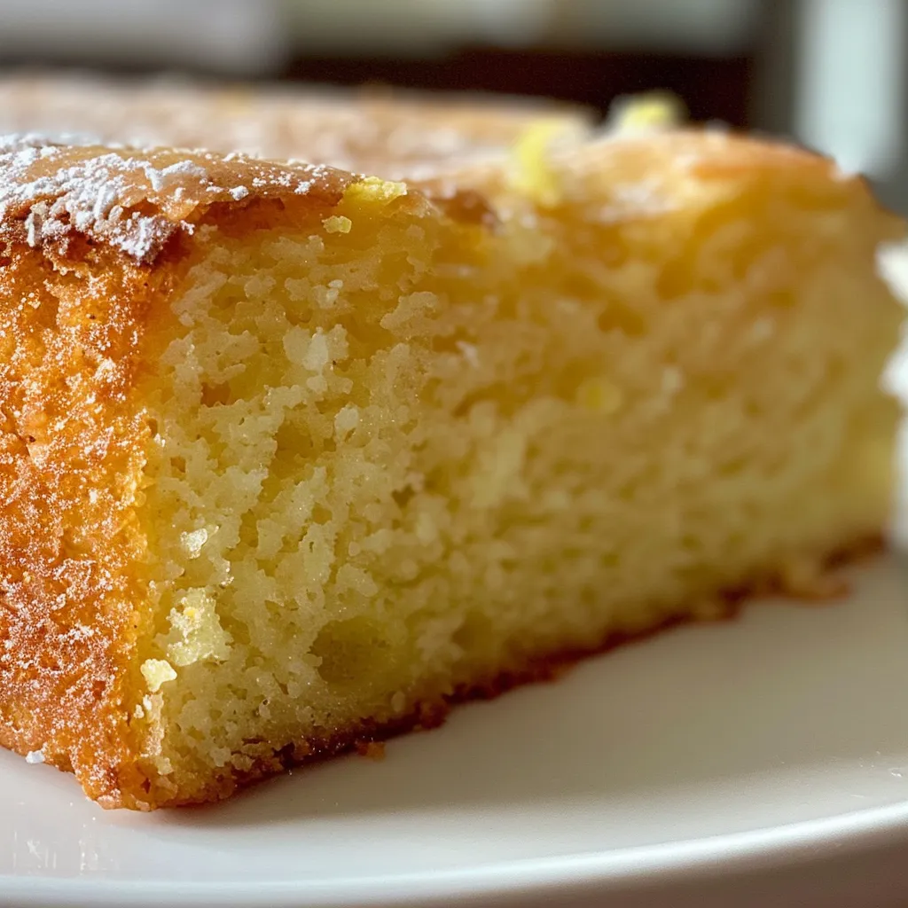 Close-up side angle of a golden Italian Lemon Olive Oil Cake, with a light dusting of powdered sugar on top.