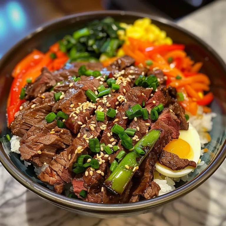 A close-up side view of a Korean-style beef rice bowl topped with fried eggs and garnished with sesame seeds.