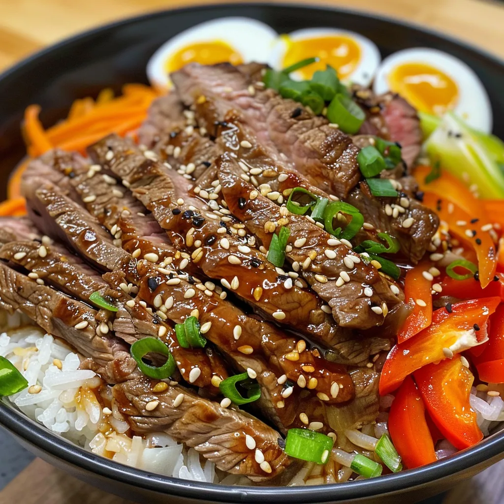 A succulent Korean beef rice bowl featuring vibrant vegetables and tender steak, served on a bed of white rice.