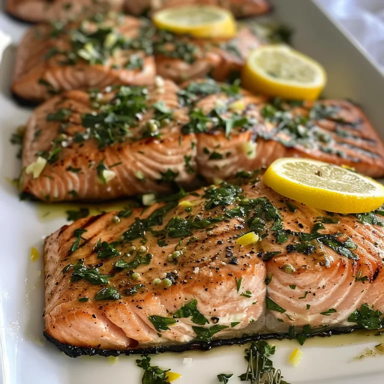 Close-up of grilled salmon fillet garnished with lemon slices and herbs.