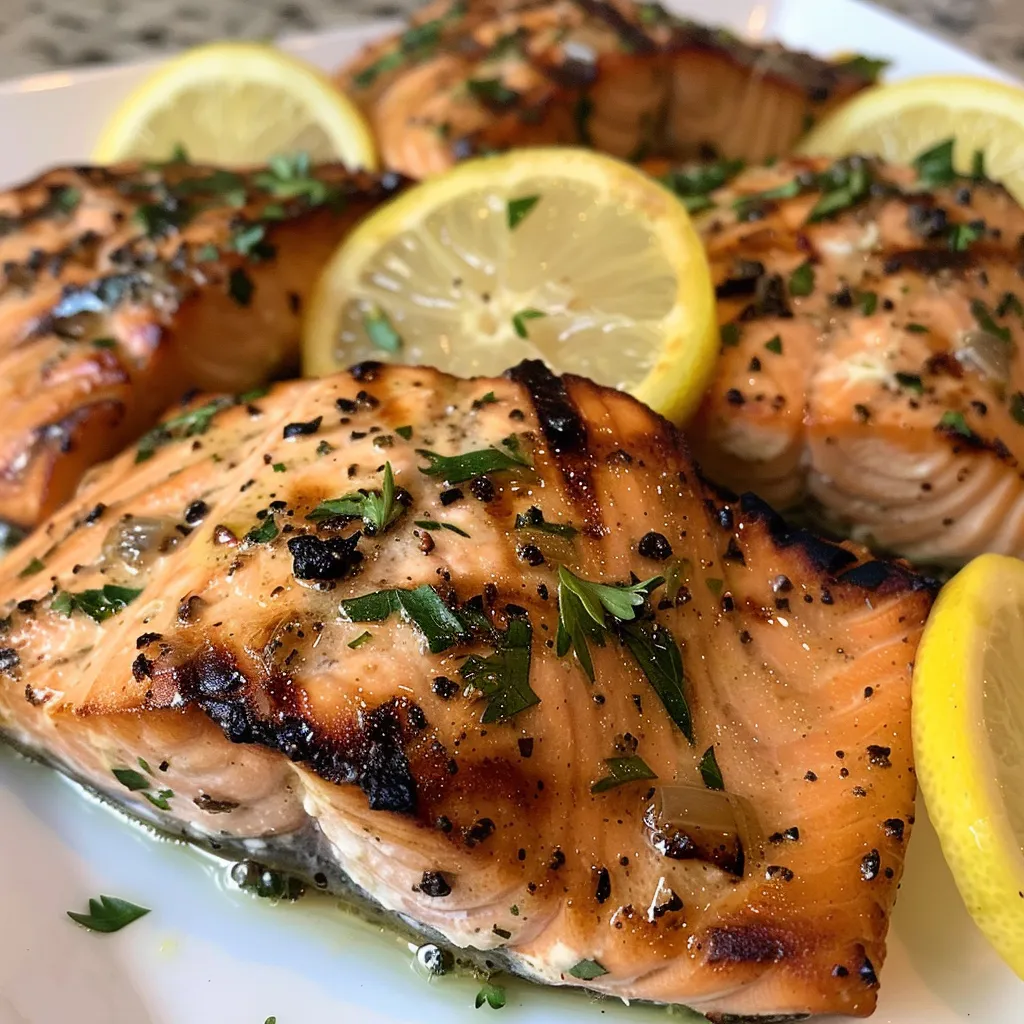 Juicy lemon herb grilled salmon served with fresh herbs and lemon wedges.