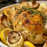 Close-up of roasted chicken garnished with herbs and lemon slices.