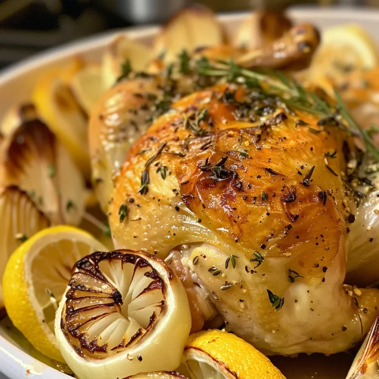 Close-up of roasted chicken garnished with herbs and lemon slices.