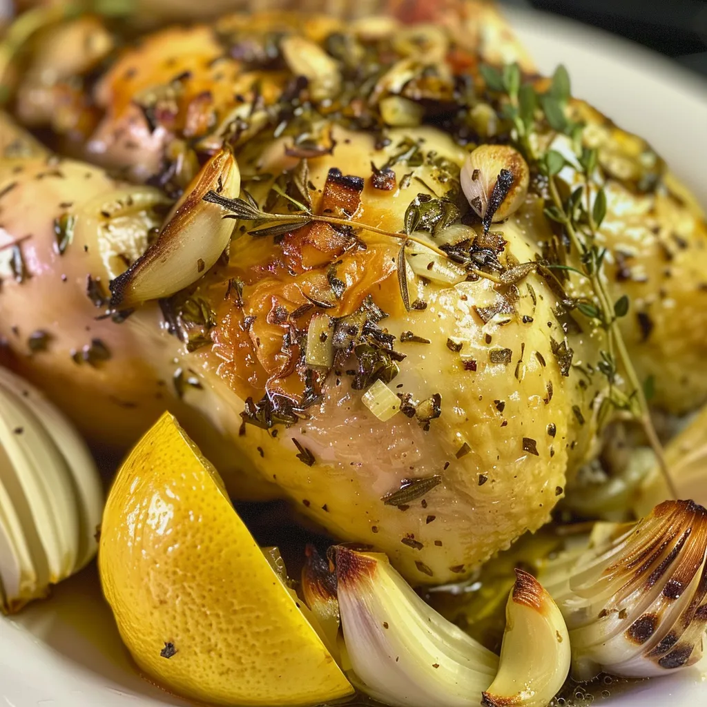 Juicy lemon herb roasted chicken served with onions and lemon wedges.