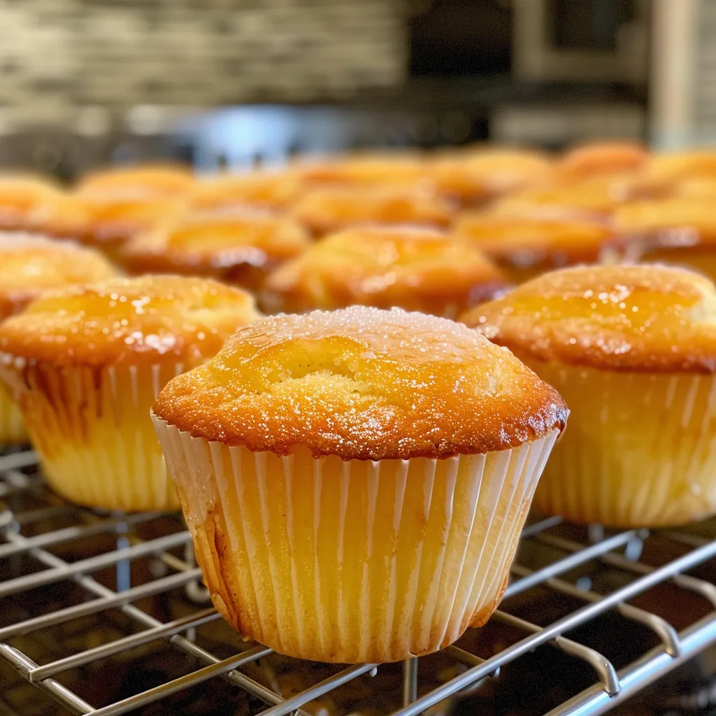 Side view of fluffy lemon muffins with a glossy lemon glaze on top.