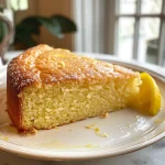 A close-up side view of a moist lemon olive oil cake with a golden crust and lemon glaze.