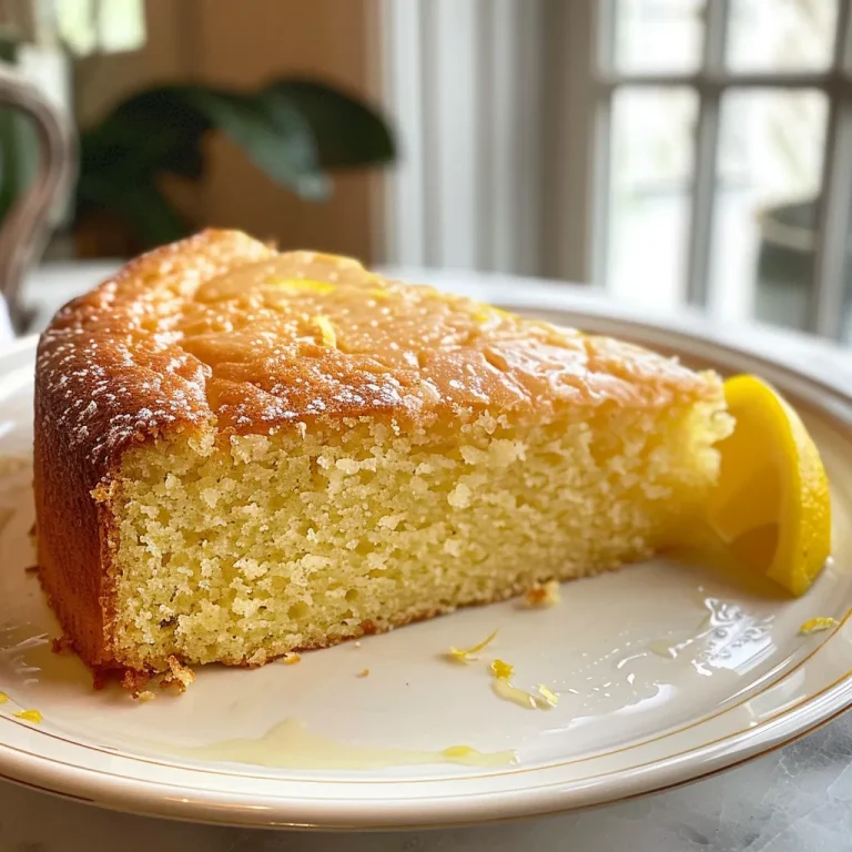 A close-up side view of a moist lemon olive oil cake with a golden crust and lemon glaze.