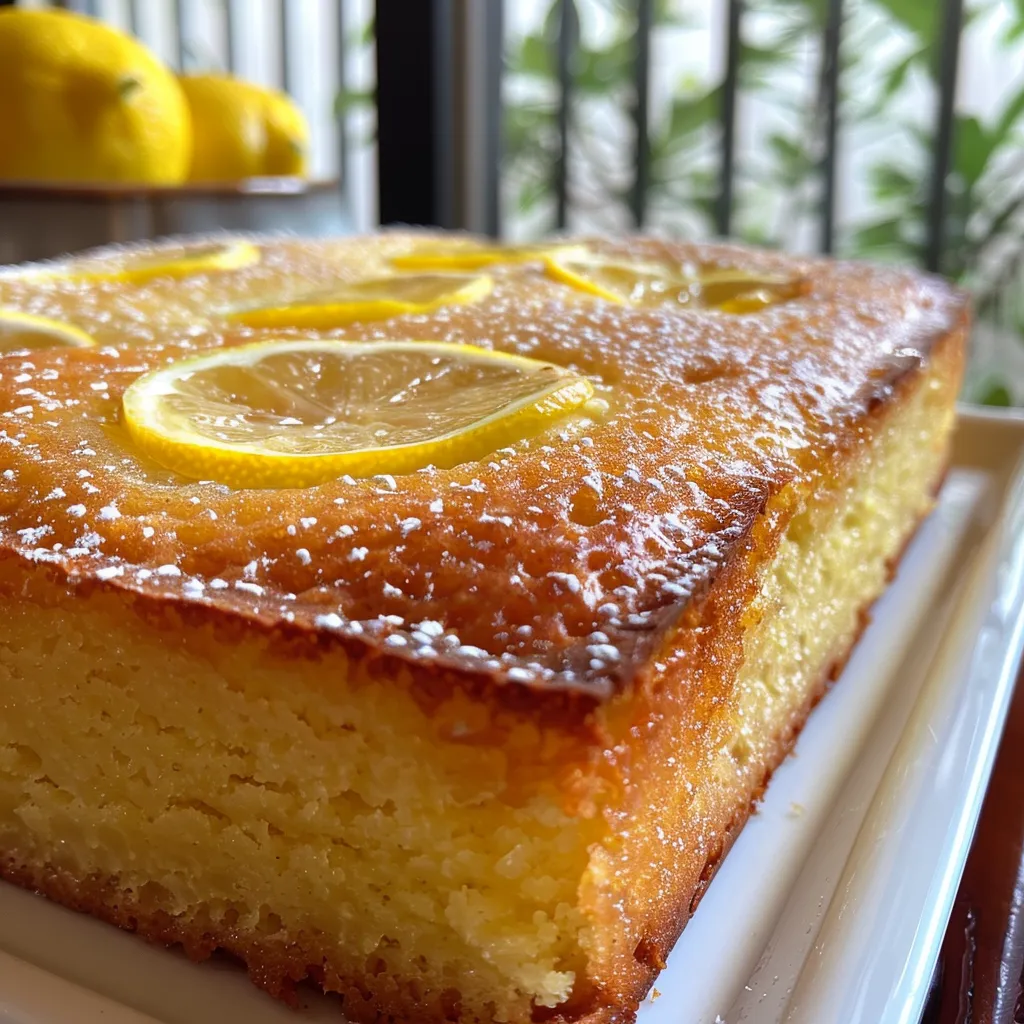 A slice of lemon olive oil cake showcasing its soft texture and bright lemon zest on top.