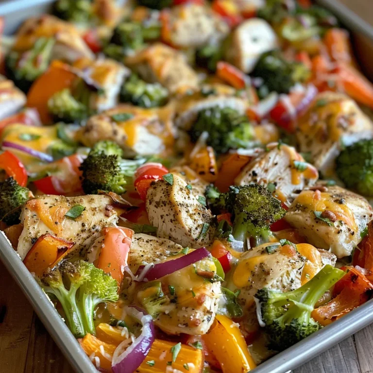 Close-up view of a loaded chicken veggie bake with vibrant vegetables.