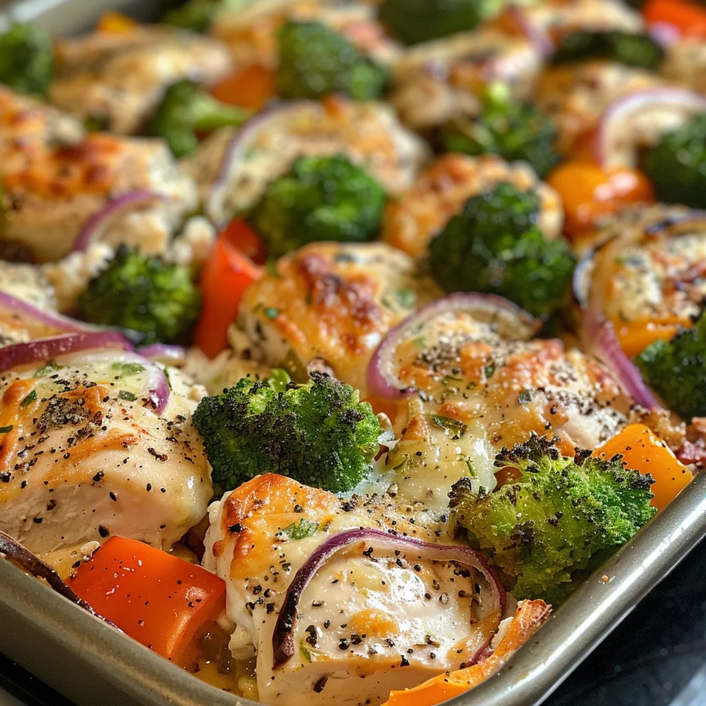 Juicy chicken bake featuring broccoli, bell peppers, and melted cheese.