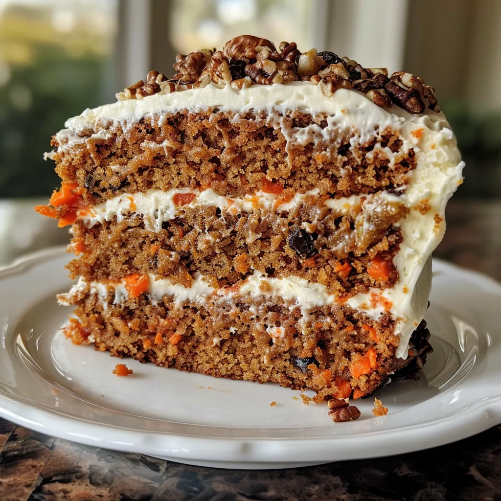 Side view of a moist carrot cake adorned with frosting and walnuts.