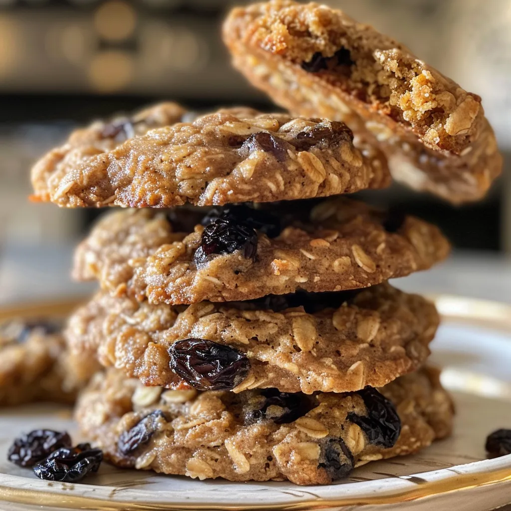 Side view of freshly baked oatmeal raisin cookies showcasing their chewy texture and plump raisins.