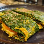 A close-up of a low-carb spinach wrap, showcasing vibrant green spinach and a golden egg filling.