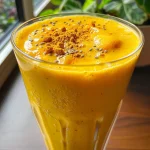 Close-up of a vibrant mango protein smoothie in a glass.