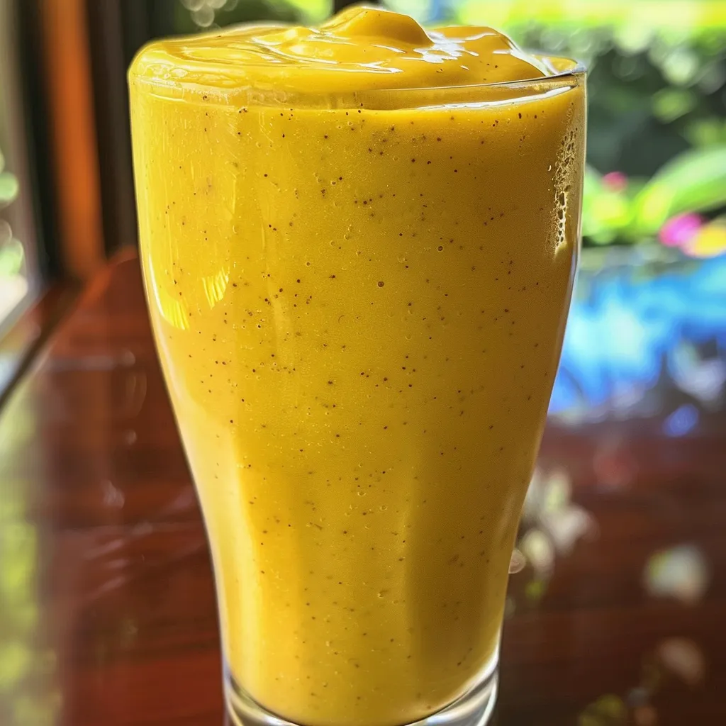 Side angle of a vibrant mango smoothie topped with chia seeds.