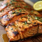 Close-up of marinated grilled salmon fillet with grill marks and garnished with herbs.