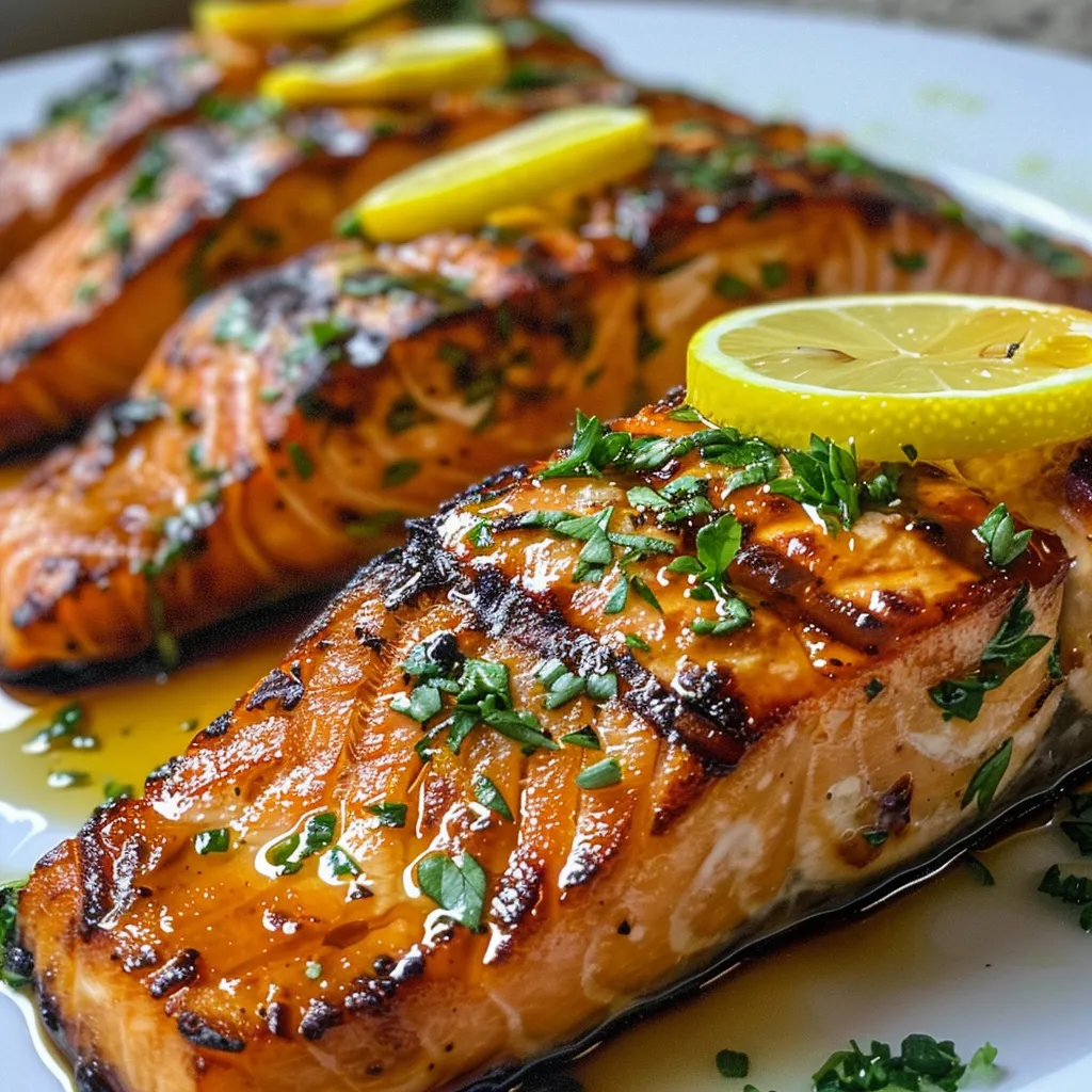 Juicy grilled salmon presented on a plate, showcasing its golden-brown exterior and lemon slices.