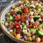 Close-up of a vibrant Mediterranean chickpea salad in a bowl, featuring colorful ingredients.