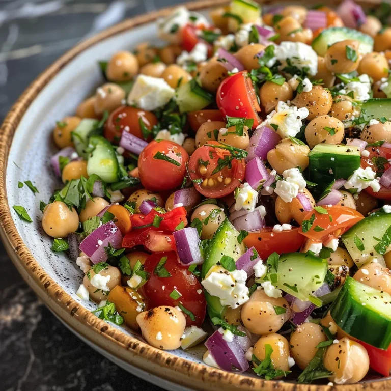 Close-up of a vibrant Mediterranean chickpea salad in a bowl, featuring colorful ingredients.