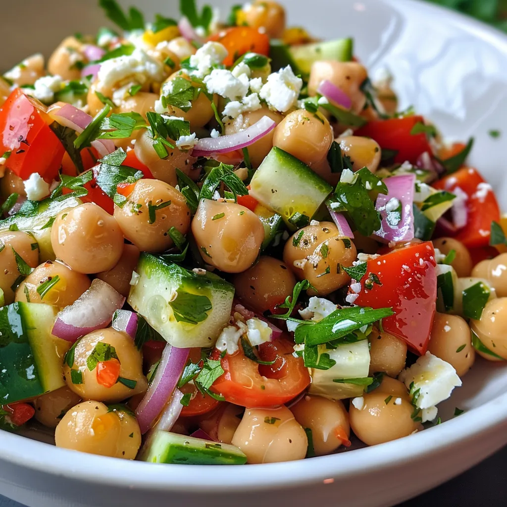 A refreshing Mediterranean chickpea salad displayed in a clear bowl, showcasing fresh vegetables and herbs.