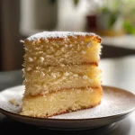 Close-up side view of a moist Mini Vanilla Cake with a creamy frosting.