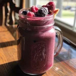 Close-up view of a creamy mixed berry smoothie in a glass, with vibrant colors.