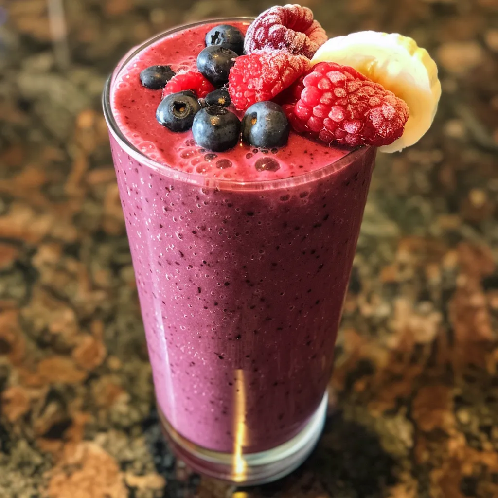 Side view of a delicious smoothie filled with mixed berries, banana slices, and a creamy texture.