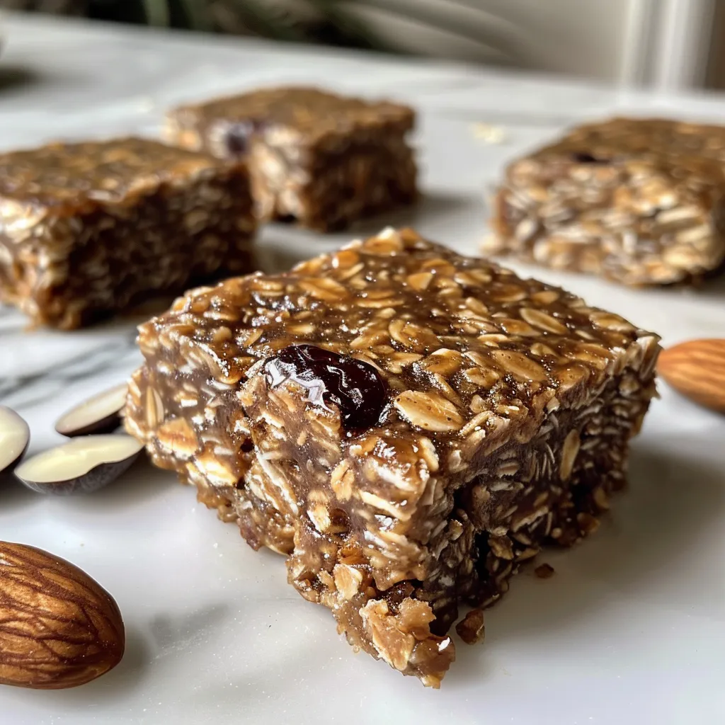 Side view of chewy oatmeal date bars topped with dark chocolate chips and coconut flakes.