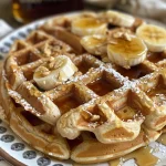 Close-up side view of golden-brown oat waffles topped with syrup.