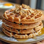 Close-up of golden-brown oatmeal waffles stacked on a plate.