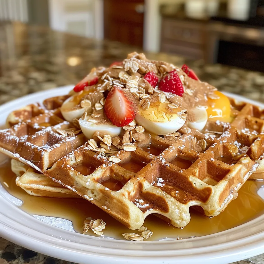 Side view of deliciously cooked oatmeal waffles with syrup drizzled on top.