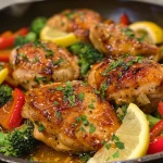 Juicy One Pan Honey Lemon Chicken with vegetables, close-up side view.
