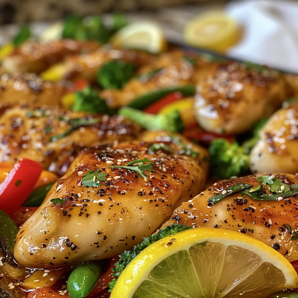 Side view of golden-brown honey lemon chicken topped with lemon slices.