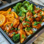 A close-up view of orange chicken meal prep bowls, featuring juicy chicken, rice, and colorful vegetables.