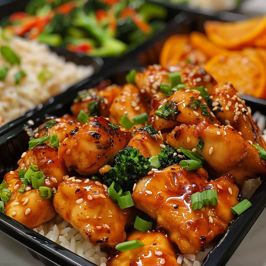 Side view of meal prep containers filled with orange chicken, steamed rice, and broccoli, showcasing vibrant colors.