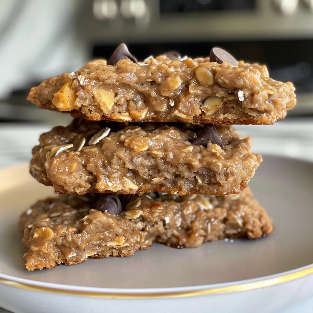 Side view of soft Peanut Butter and Banana Oatmeal Cookies, featuring visible chocolate chips and a rustic texture.