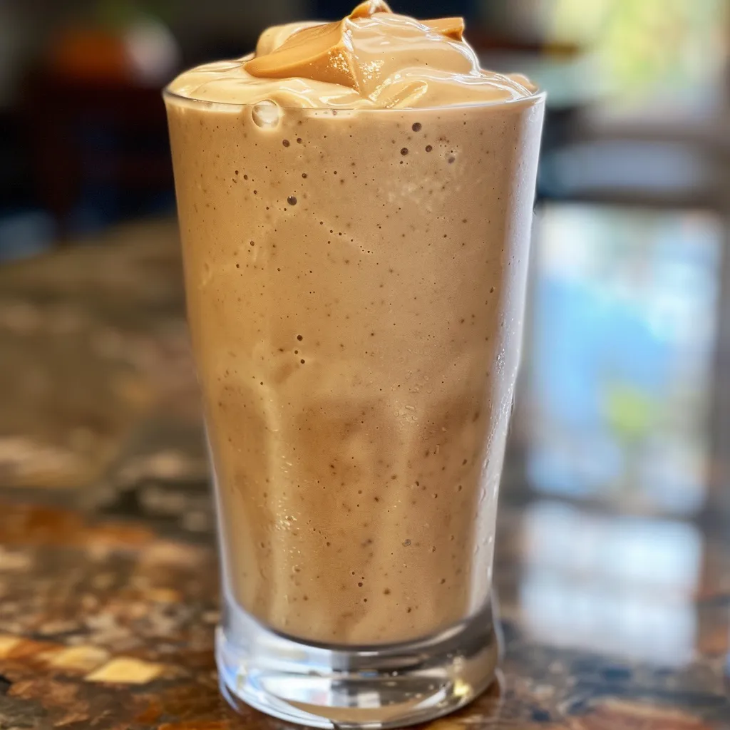 Thick peanut butter smoothie with banana and yogurt, viewed from the side.