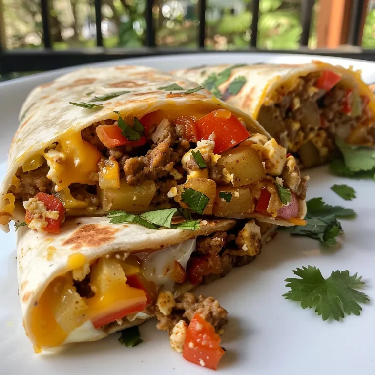 Close-up of a protein-packed breakfast burrito filled with colorful vegetables and cheese.