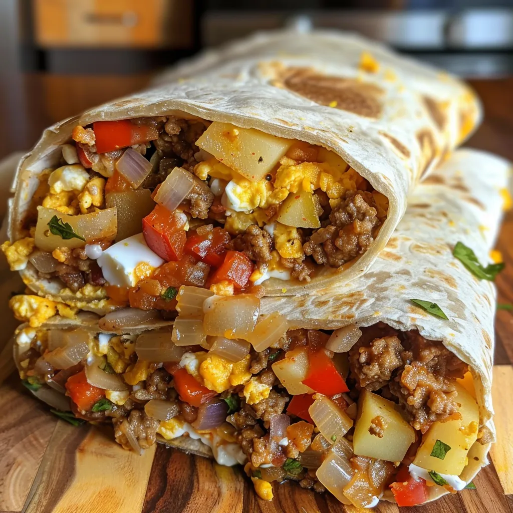 Side view of a burrito showcasing its hearty filling of eggs and lean meat.
