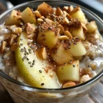 Close-up view of a bowl of Apple Cinnamon Overnight Oats with grated apple and raisins.