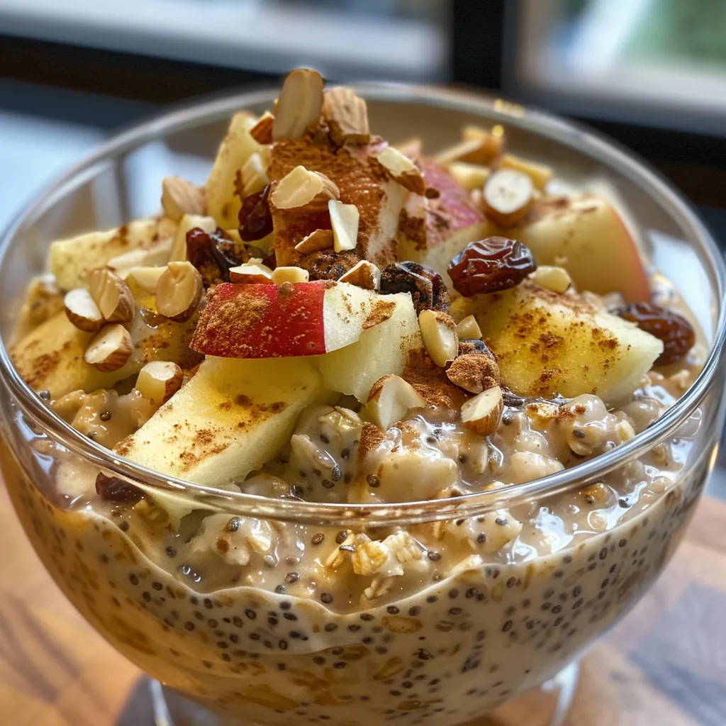 Side angle of a creamy bowl of overnight oats topped with cinnamon and sliced almonds.
