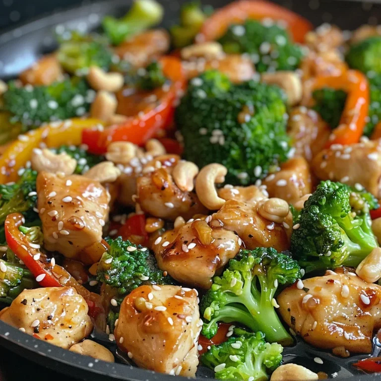 Close-up of a juicy chicken stir-fry with vibrant vegetables.