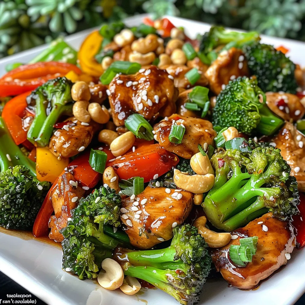 Side view of delicious chicken stir-fry featuring broccoli and bell peppers.