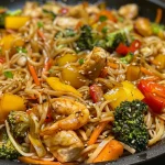 A close-up view of a colorful rice noodle stir-fry featuring bell peppers, broccoli, and carrots.