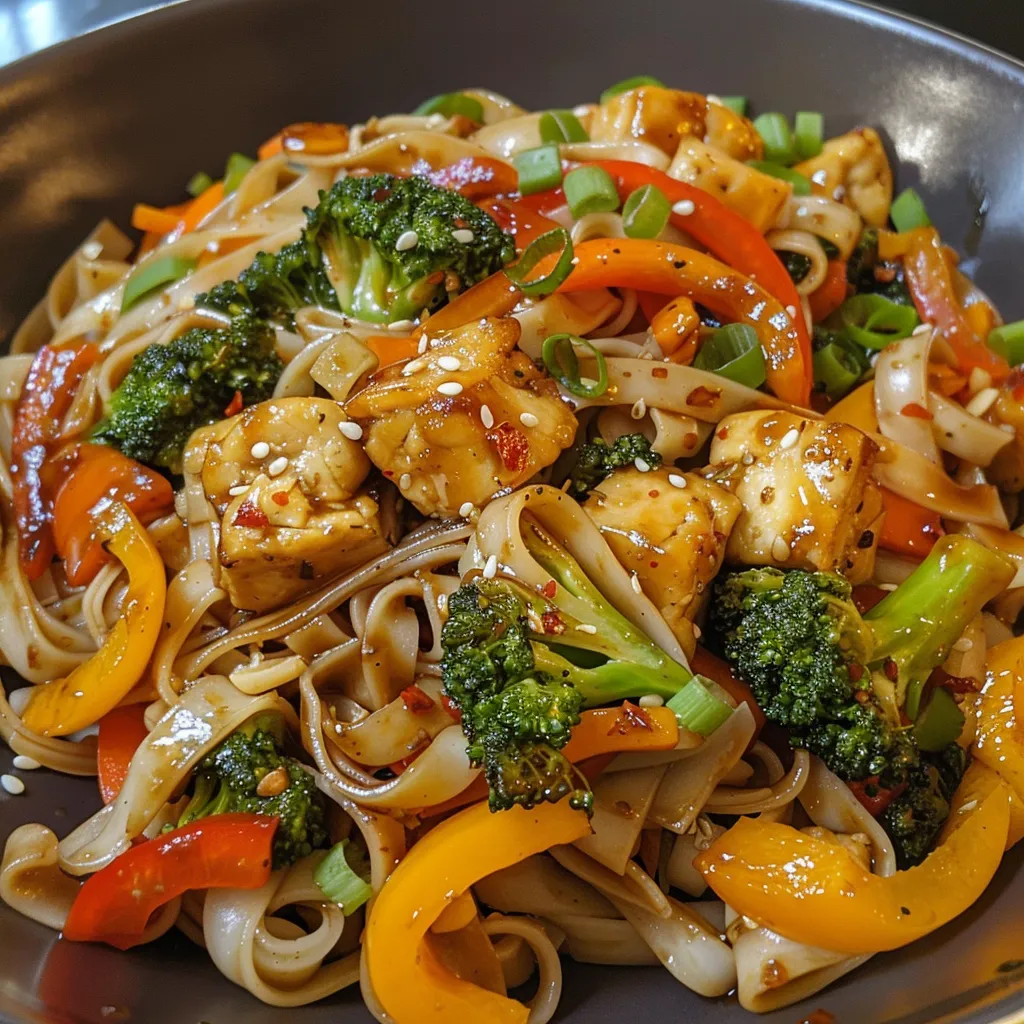 A side view of a delicious bowl of rice noodle stir-fry with shrimp, garnished with sesame seeds and green onions.