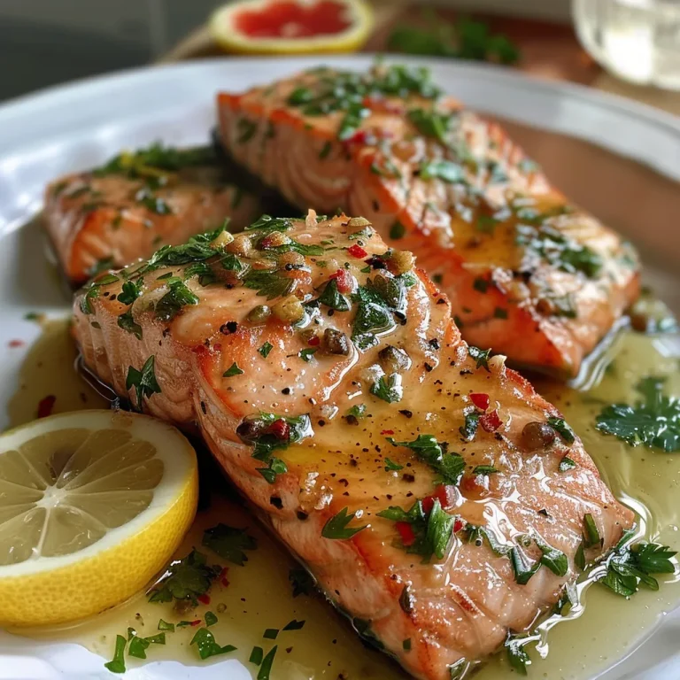 Juicy salmon fillet drizzled with garlic lemon butter sauce, with lemon slices and parsley on the side.
