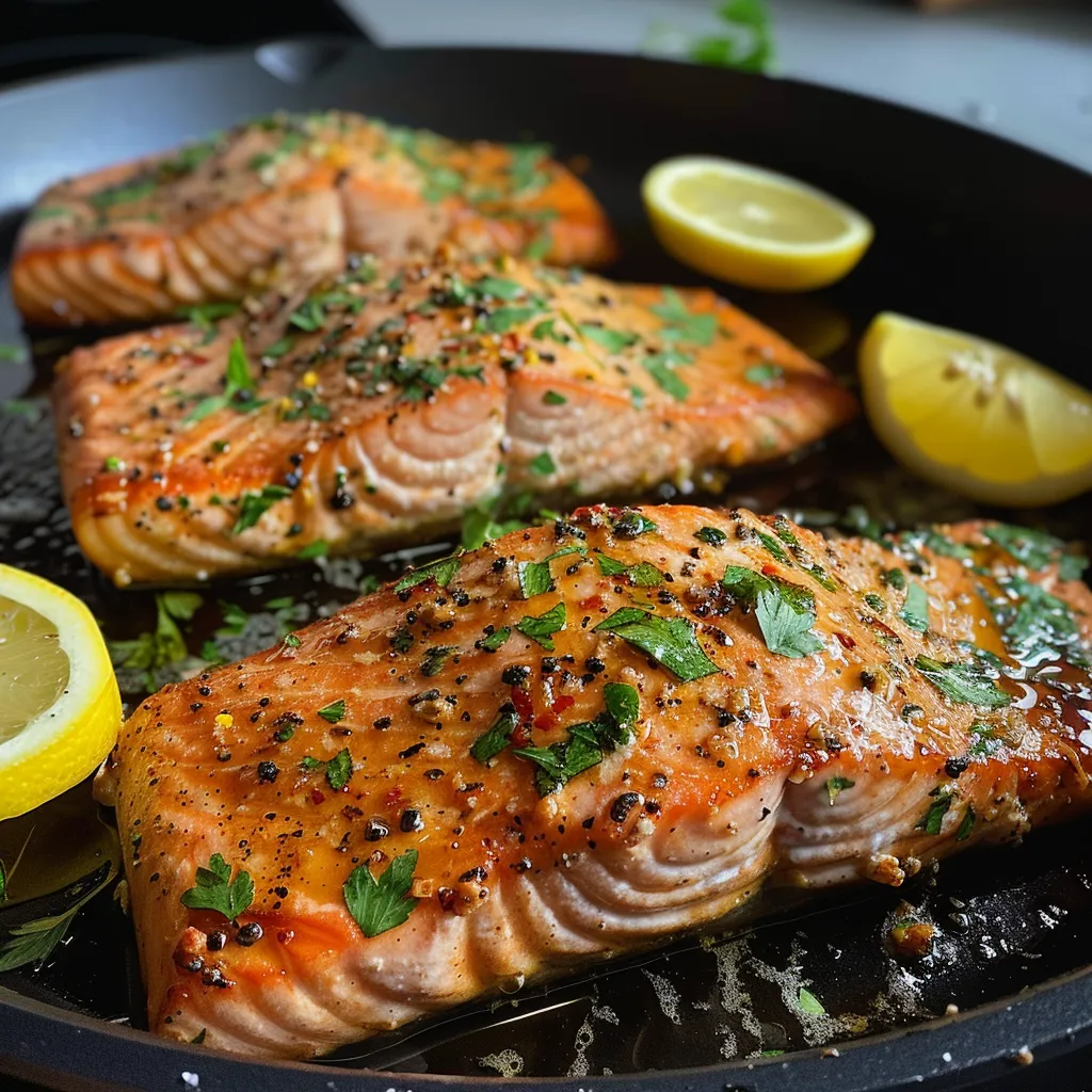Close-up view of a perfectly cooked salmon fillet topped with garlic lemon butter sauce and garnished with lemon and herbs.