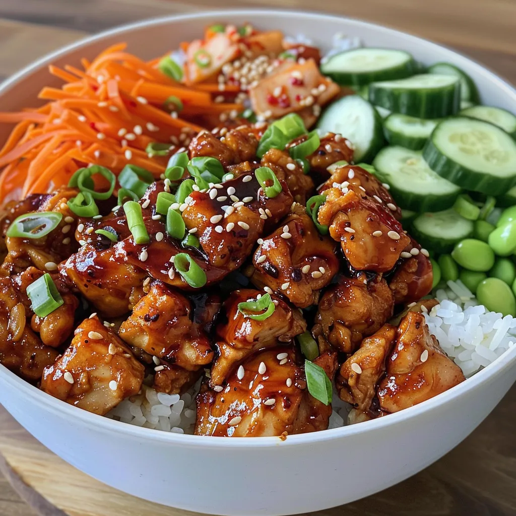 A delicious serving of Korean BBQ chicken bowls featuring juicy chicken, rice, and fresh produce.